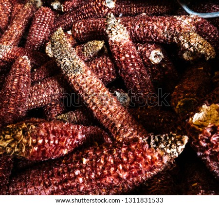 Corn stalks, a heap of corn kernels cleared of grains