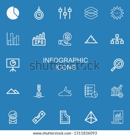 Editable 22 infographic icons for web and mobile. Set of infographic included icons line Chart, Hypnosis, Levels, Dimensions, Platelet, Stats, Ipo, Cylinder on blue background