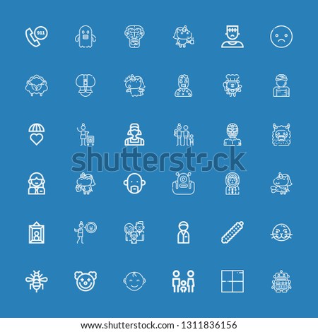 Editable 36 character icons for web and mobile. Set of character included icons line Robot, Delicious, Family, Baby boy, Clown, Bee, Sea lion, Caterpillar, Policeman on blue background