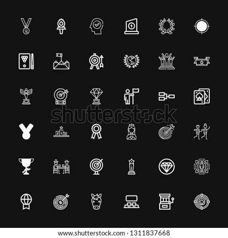 Editable 36 winner icons for web and mobile. Set of winner included icons line Target, Slot machine, Projection, Horse, Prize, Quality, Trophy, Darts, Gamblers on black background