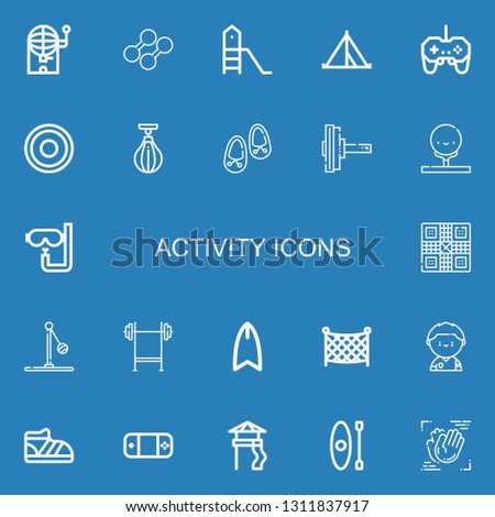 Editable 22 activity icons for web and mobile. Set of activity included icons line Bingo, Dumbbell, Playground, Tent, Gamepad, Frisbee, Boxing bag, Shoes, Golf on blue background