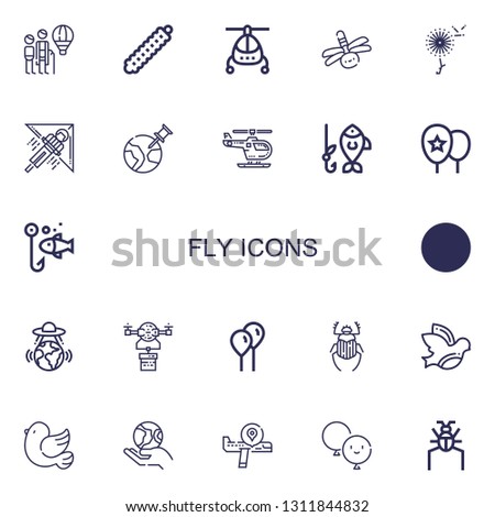 Editable 22 fly icons for web and mobile. Set of fly included icons line Hot air balloon, Caterpillar, Helicopter, Dragonfly, Dandelion, Hang gliding, World on white background