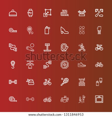 Editable 36 fitness icons for web and mobile. Set of fitness included icons line Weight, Fitness, Diet, Bike, Dumbbell, Measuring tape, Gloves, Well, Tennis, Bicycle, Zen on red