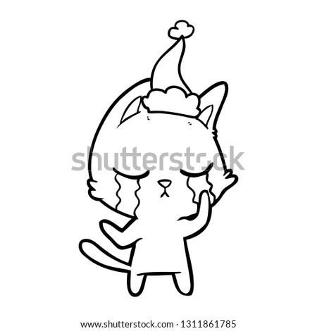 crying hand drawn line drawing of a cat wearing santa hat