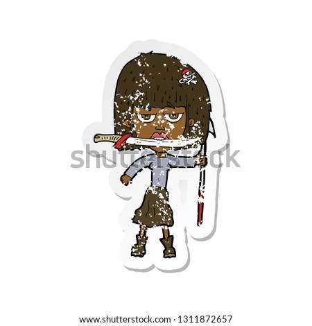retro distressed sticker of a cartoon woman with knife and harpoon