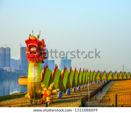 Giant dragon lanterns along the xiangjiang river