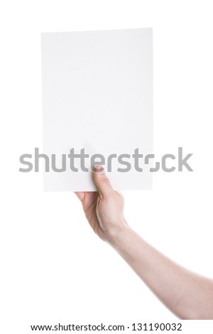Hand holding a blank card isolated on white background