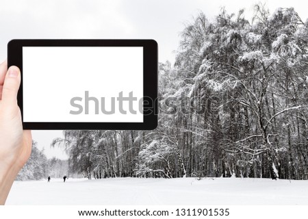 travel concept - tourist photographs of snow-covered groves in city park in winter in Moscow city on smartphone with empty cutout screen with blank place for advertising