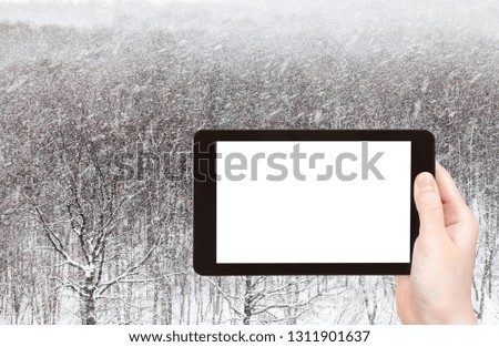 travel concept - tourist photographs of snowstorm over woods in city park in winter in Moscow city on smartphone with empty cutout screen with blank place for advertising