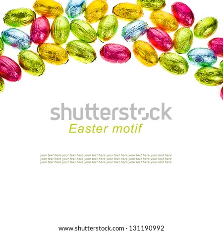 small chocolate eggs candy a Traditional Easter sweet isolated on white background with sample text