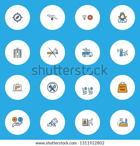 Travel icons colored line set with assistance, stewardess, duty free zone and other passenger chair elements. Isolated vector illustration travel icons.