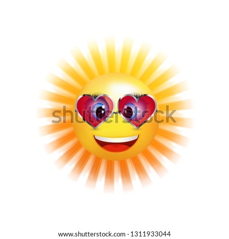 Cartoon sun smiling with trend sunglasses in the shape of a heart. Emoticon smiling. 3d illustration