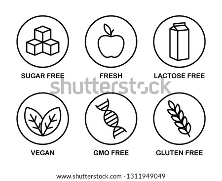 Set of icons: Sugar Free, Gluten Free, Vegan, Lactose Free, GMO Free, Fresh. Black and white. 