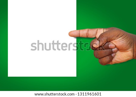 African American, Black Man Hand Pointing at a Blank White Card on a Green Background - Green and White Graphic Design Template