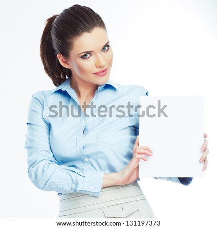 Business woman isolated portrait . Smiling woman show  big blank board .