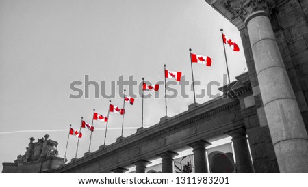 Row of Canadian flags at Prince's Gate monument. Toronto, Canada. August 2014