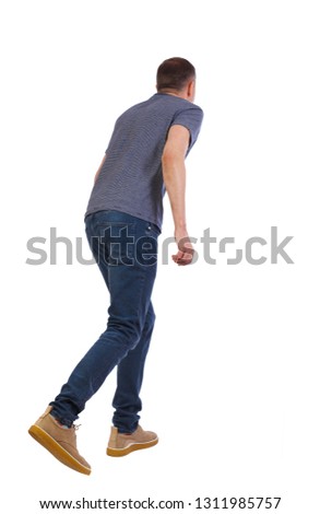 back view of running  man. backside view of person.  Rear view people collection. Isolated over white background. man in yellow shoes getting ready to run.
