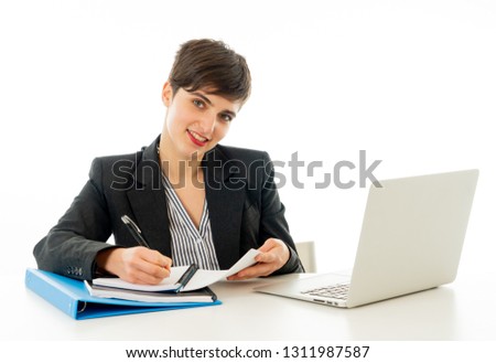 Happy, smiling and successful businesswoman working on computer laptop looking satisfied at work. Isolated on white background In people, technology, work and corporate concept.