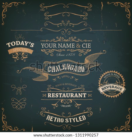 Elegant Hand Drawn Golden Banners And Ribbons/
Illustration of a set of hand drawn elegant luxury gold sketched banners, ribbons for food, restaurant and beverage design elements on chalkboard