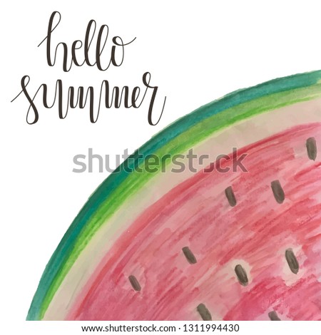 Vector Watercolor Hello Summer Watermelon Card