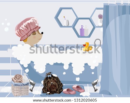 Hedgehog in bathtub. Relax bathroom interior with vintage bath and soap foam bubbles. Vector illustration. 