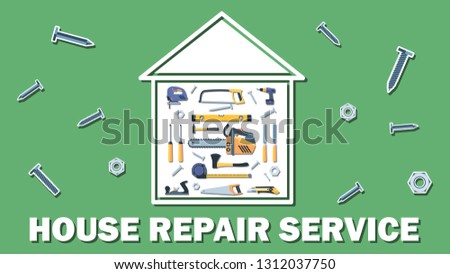 A set of tools inside the house icon on a wood texture background in the middle of bolts, nuts, screws and nails. Inscription home repair service. Wide angle eps10 vector illustration