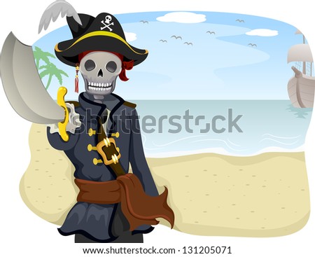 Illustration of a Uniformed Pirate Pointing with His Sword Raised