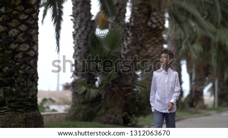 funny boy walk on the road against the backdrop of palm trees, looking up