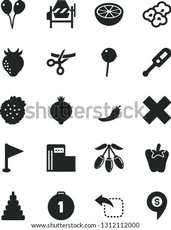 Solid Black Vector Icon Set - cross vector, pennant, electronic thermometer e, stacking toy, colored air balloons, concrete mixer, move left, peper, Chupa Chups, popcorn, strawberries, strawberry