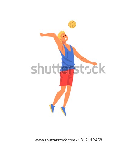 Male Volleyball Player, Professional Sportsman Character Wearing Sports Uniform Playing with Ball Vector Illustration