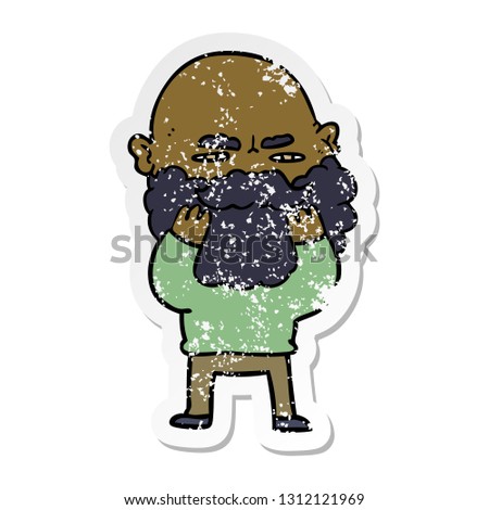 distressed sticker of a cartoon man with beard frowning checking his beard