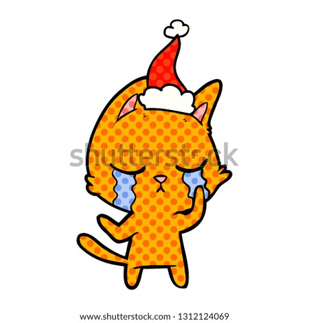 crying hand drawn comic book style illustration of a cat wearing santa hat