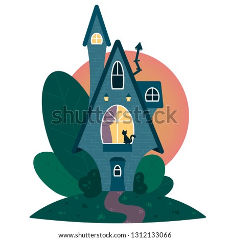 The house among the trees on the background of a large moon where the black cat lives.