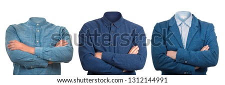 Three arms crossed businessman suit silhouettes with no head isolated over white background. Surreal headless male portraits hiding identity. Anonymity incognito person concept, hidden invisible face. Royalty-Free Stock Photo #1312144991
