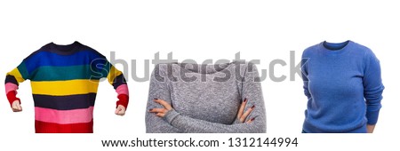 Three women silhouettes with no head showing different emotions isolated over white. Surreal headless female portraits hiding identity. Anonymity incognito person concept, hidden invisible face. Royalty-Free Stock Photo #1312144994