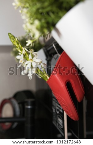 A flower in the kitchen oven mitt hangs on the wall. creatively