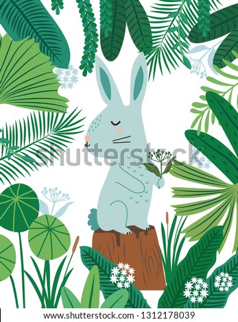 Rabbit in forest pattern. Vector illustration