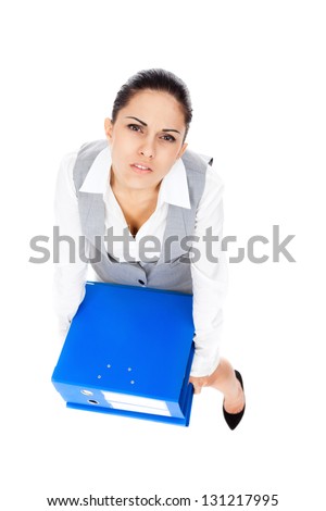 tired bored overworked business woman hold folder stack hands, looking sad at camera, young businesswoman workout concept work problem, full length portrait top angle view isolated on white background