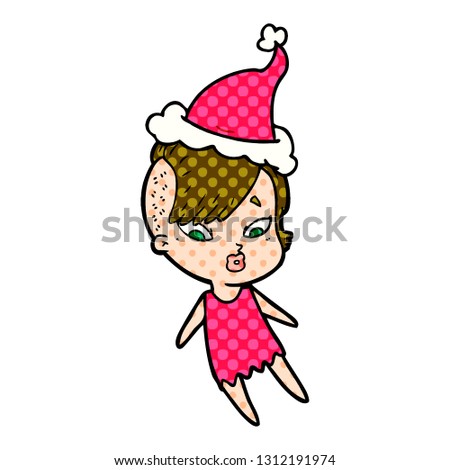 hand drawn comic book style illustration of a surprised girl wearing santa hat