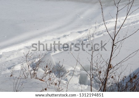 snow machine track on lake shore in winter