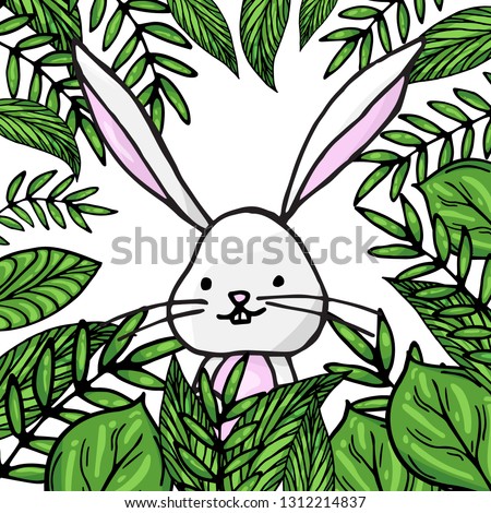 Colorful easter vector template with funny bunny in leaves. Happy hare character design in nature. Zoo graphic illustration for banner, invitation and greeting card, flayer and t-shirt design