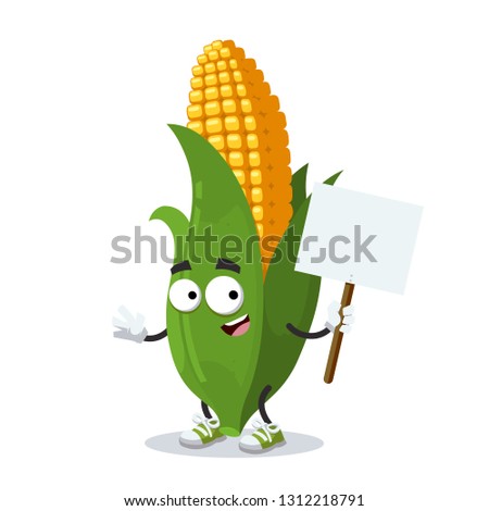 cartoon joyful ear of corn mascot with tablet in hand on white background