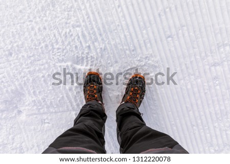 Top view of legs on snow