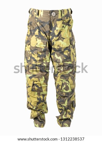 Outdoor trousers for outdoor activities. Camouflage pants on a white background,
