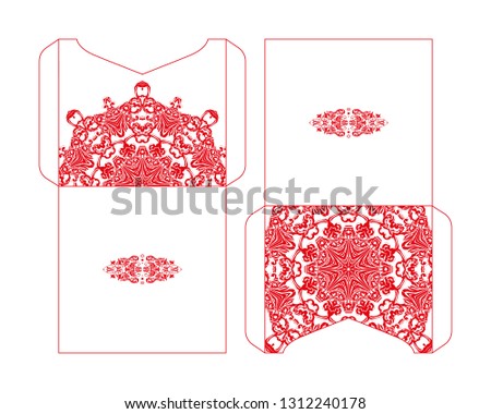 Flyer laser cutting mandala.Vector paper card with lace pattern of pink, red color. Wedding invitations, cards and business card templates. Decorative laser cutting cards for design