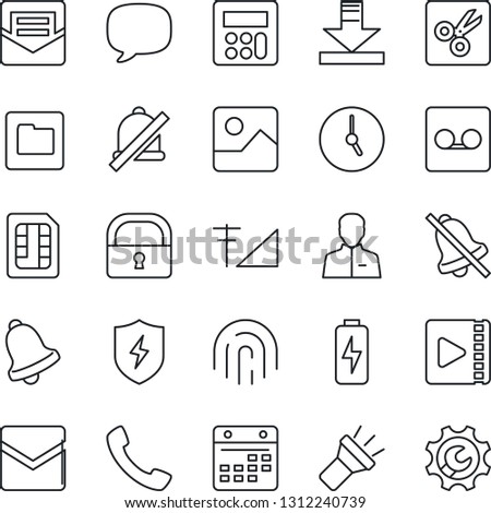 Thin Line Icon Set - call vector, message, gallery, protect, user, calculator, clock, bell, mail, record, sim, folder, calendar, download, torch, mute, cut, lock, fingerprint id, video, charge