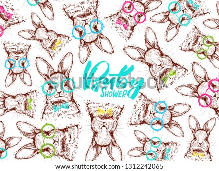 Pretty big banner with hand drawn rabbits for baby boy birthday. With lettering Baby shower. Hipster animal