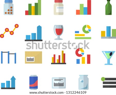Color flat icon set lemonade flat vector, wine, cocktail, glass bottles, chart, statistics, scatter, barcode, statistic, achievement, vitamins, parallel bars, menu