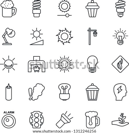 Thin Line Icon Set - sun vector, brainstorm, bulb, garden light, traffic, torch, brightness, desk lamp, fireplace, beer, candle, smoke detector, energy saving, outdoor, alarm led, idea, palm sproute