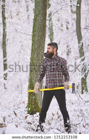 Man with warm gloves and checkered jacket in forest. Macho with beard and mustache holds ax. Guy with strict face with trees covered by snow on background. Hipster woodsman concept.